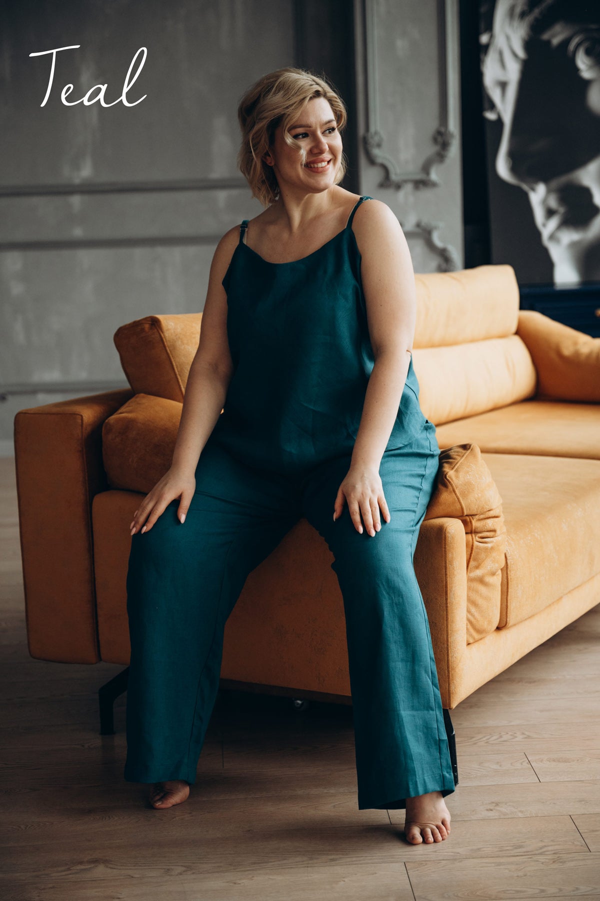Teal linen pyjamas, side view