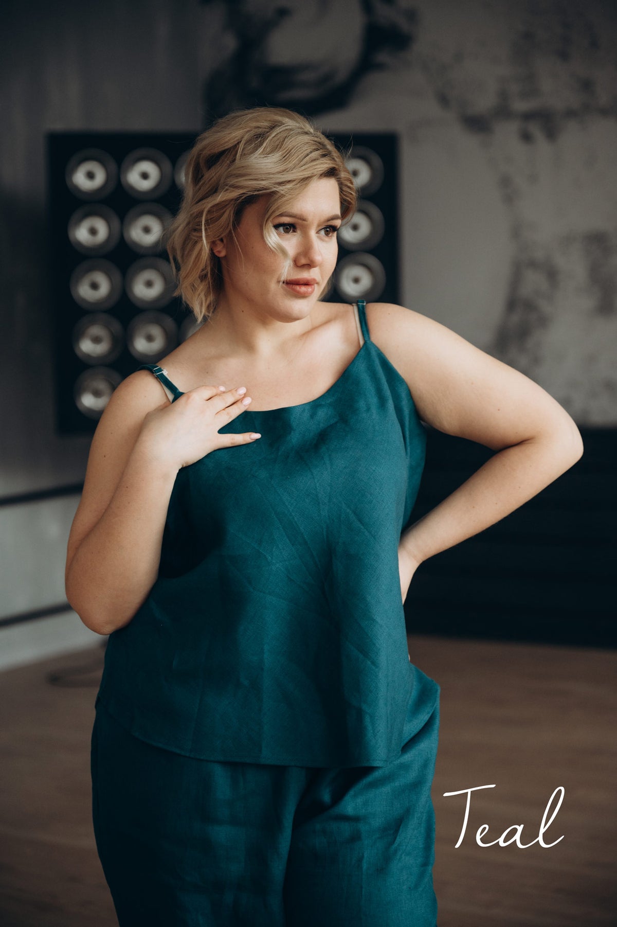 Pure linen pyjama set, cami and trousers in teal