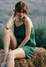 Womens linen pyjama shorts set, front view