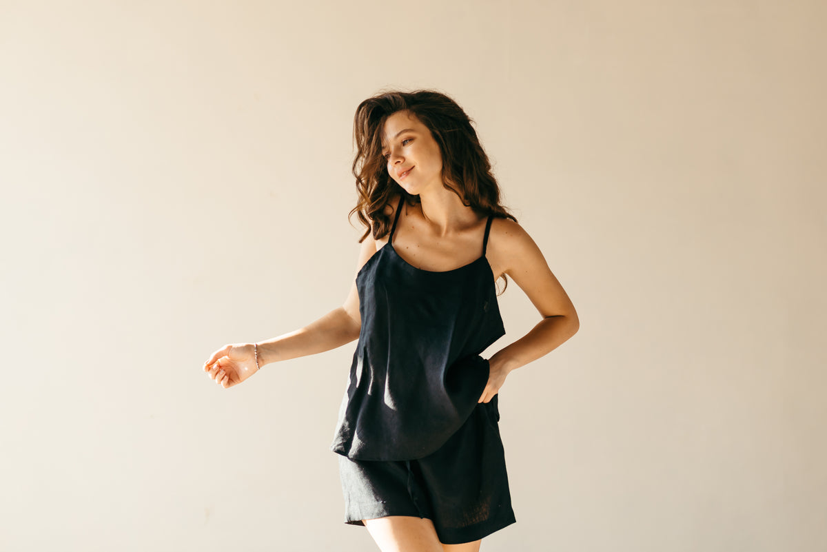 Black linen pyjama shorts set, cami and shorts