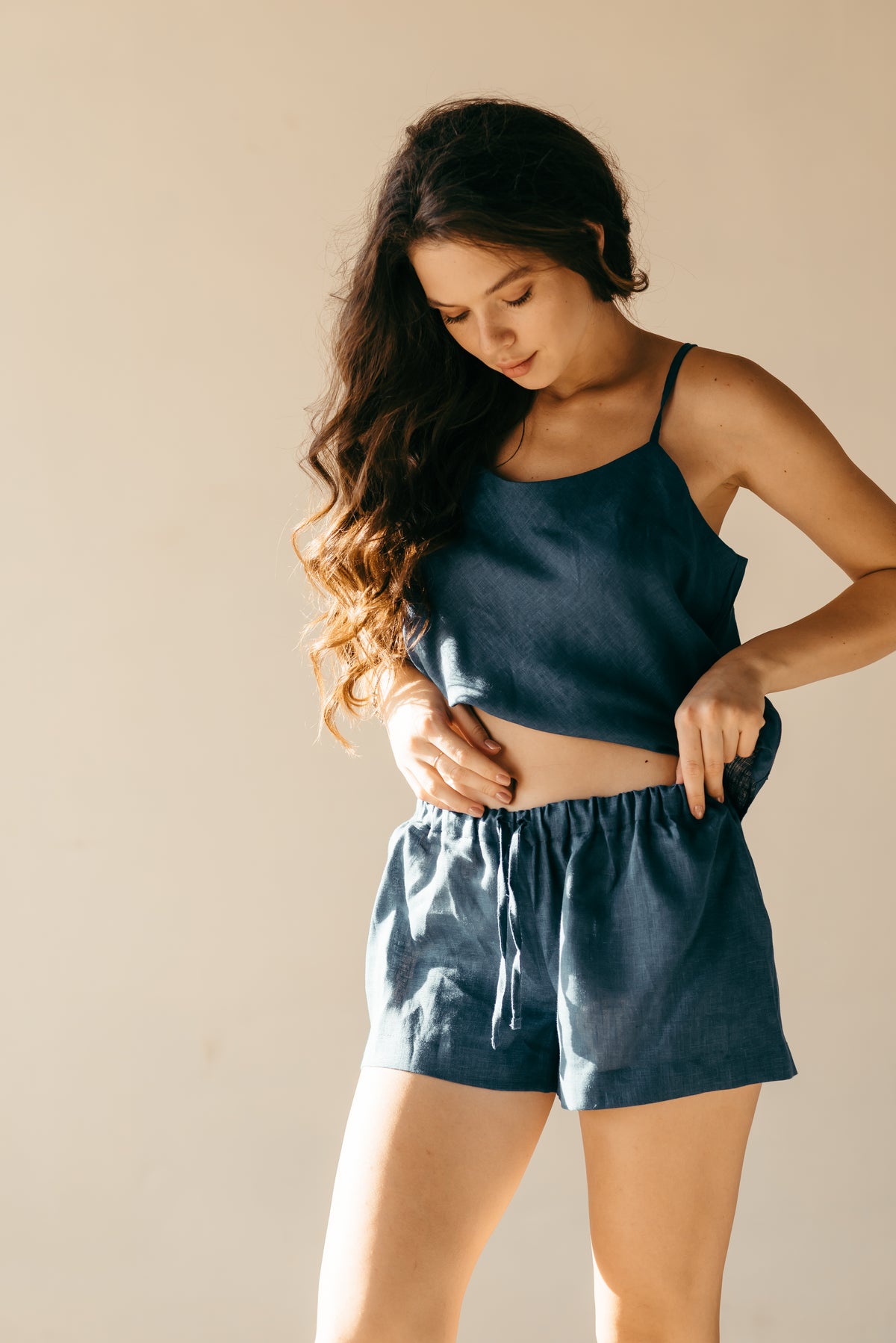 Natural linen pyjama shorts set, cami and shorts