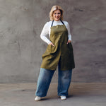 Linen apron with deep pockets in coastal blue