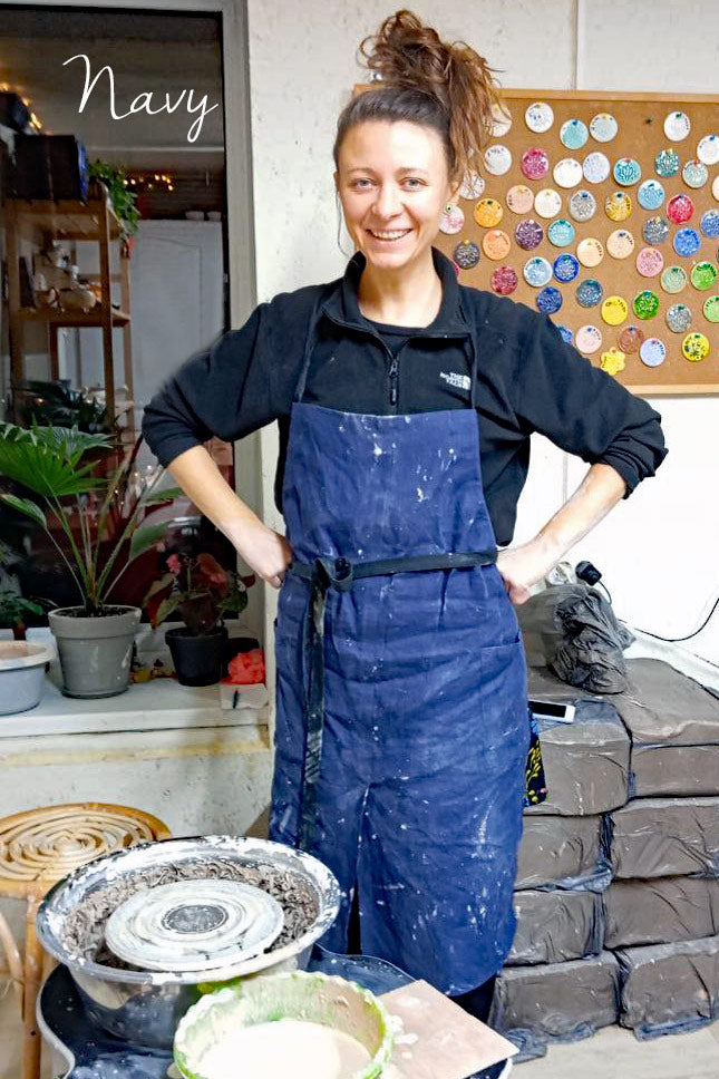 Navy linen potters apron, split leg design