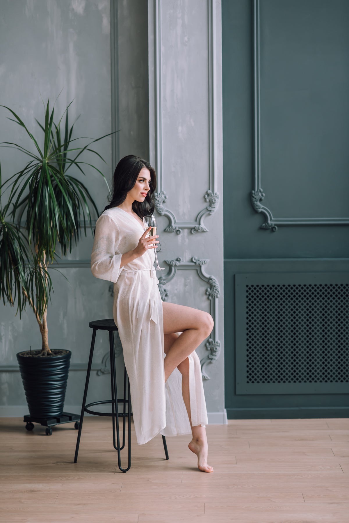 Long ivory bridal robe in semi sheer chiffon, front view