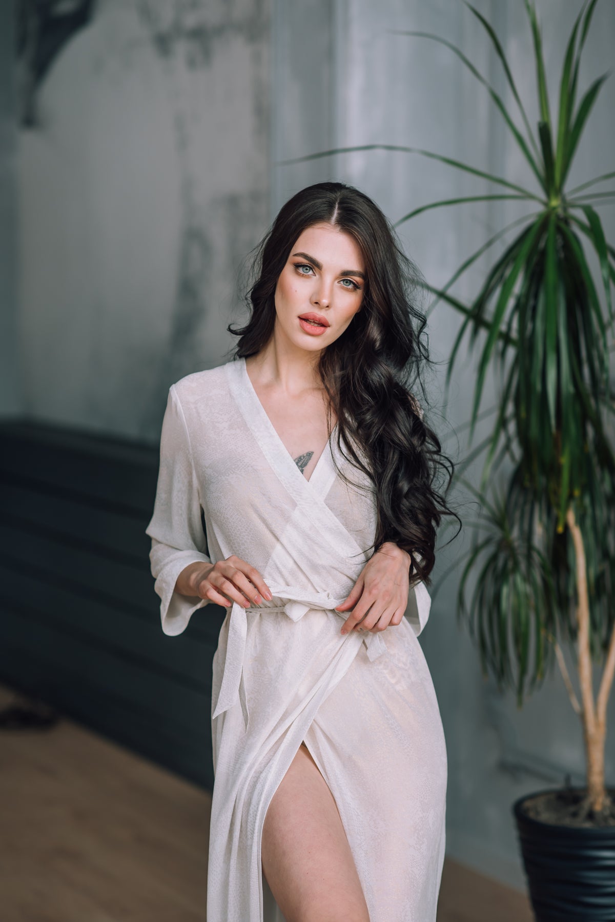 Long ivory chiffon bridal robe, belt tied at the waist