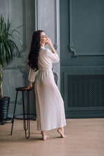 Long ivory chiffon bridal robe, full length view