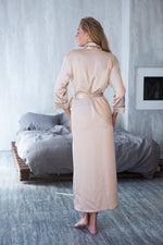 Beige long bridal robe, styled on model