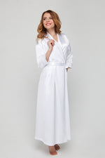 Long white bridal robe in heavy grosgrain satin, front view
