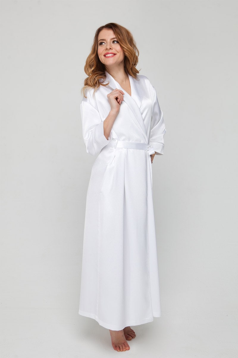 Long white bridal robe in heavy grosgrain satin, front view