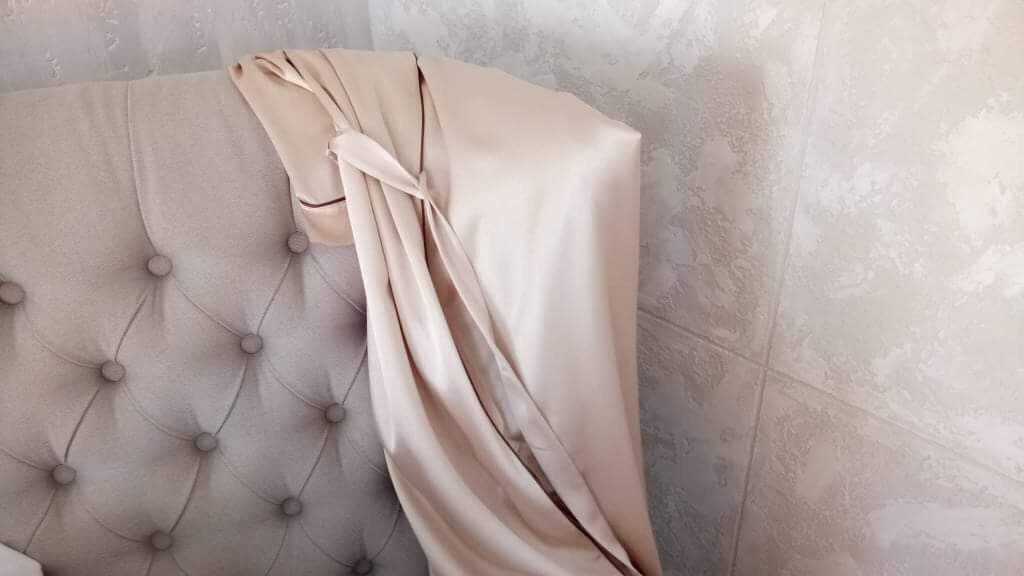 Long bridal robe styled on model, smoking collar