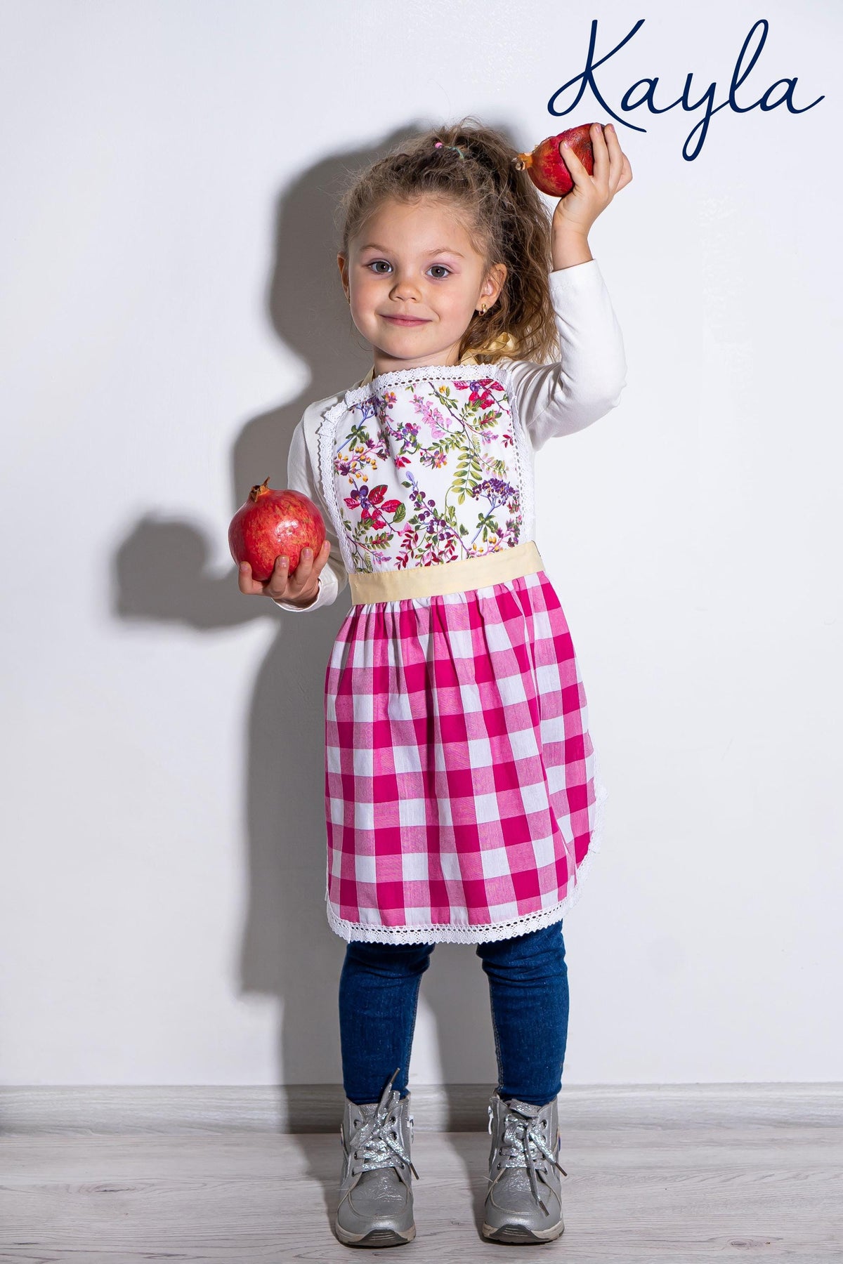 Personalised pink floral cotton apron for little girls - gift for 5 year olds, play kitchen accessory.