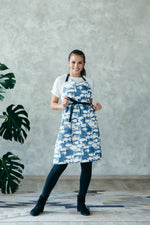 Polka dot kitchen apron with striped pocket