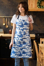 Blue polka dot cotton canvas apron, full length