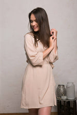 Nude crepe short robe, hem above the knee