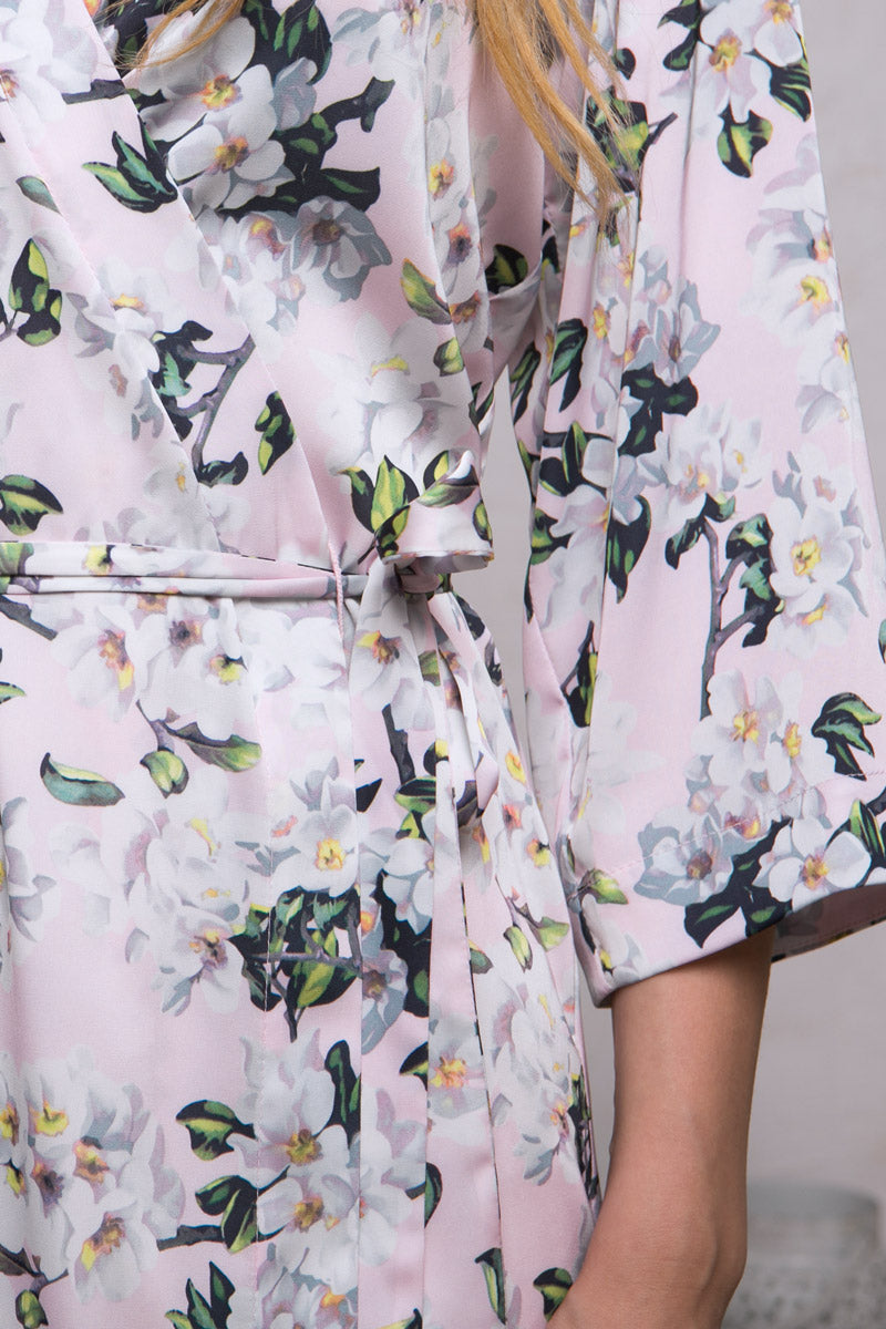 Satin floral kimono dressing gown, side view