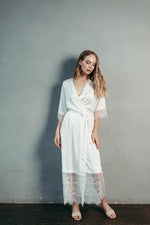 Ivory satin bridal robe with Chantilly lace trim, front view