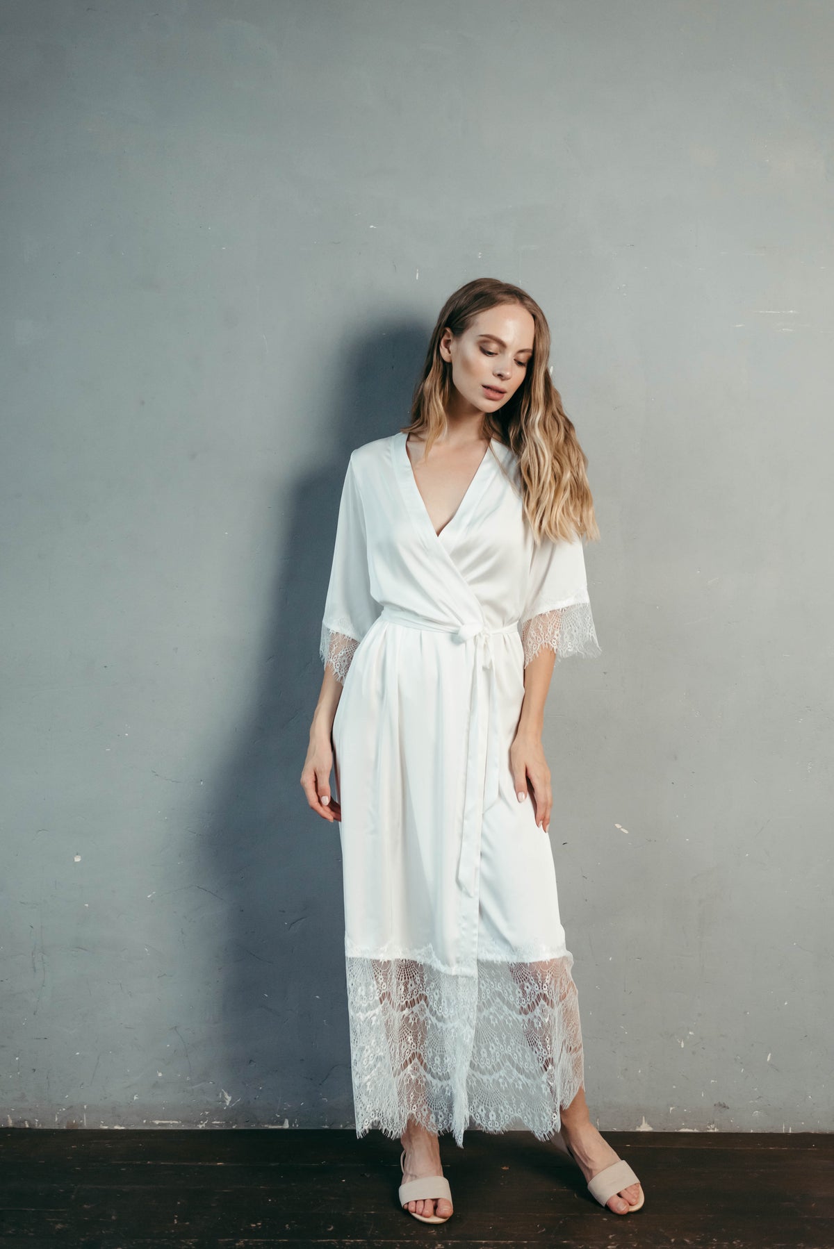 Ivory satin bridal robe with Chantilly lace trim, front view