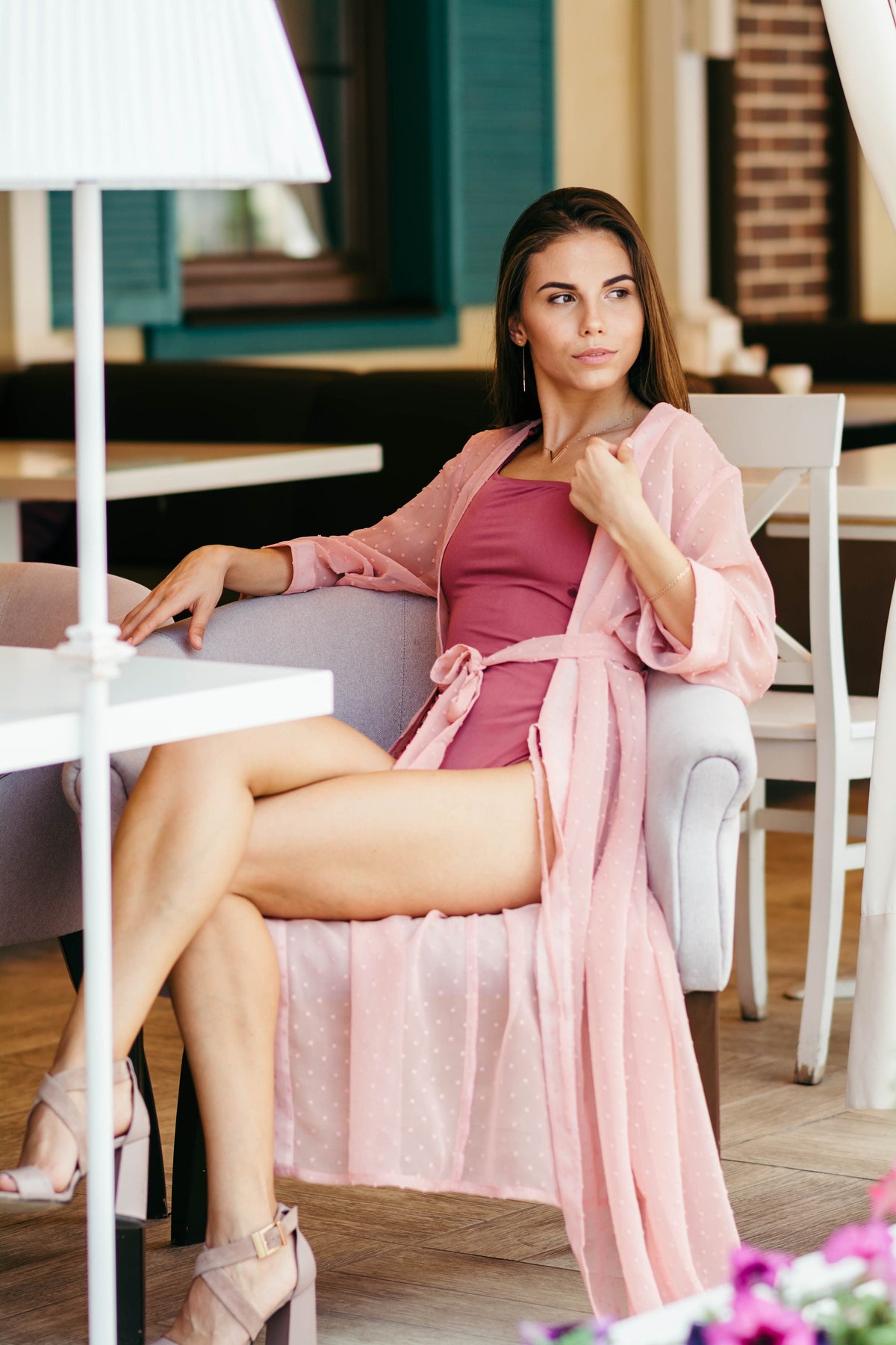 Black sheer kimono robe in ankle length, full length view