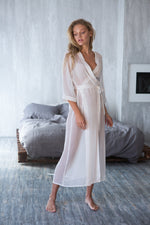 Ivory sheer kimono robe in ankle length, full length view