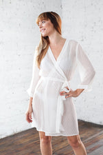 Ivory sheer kimono robe in short length, styled on model