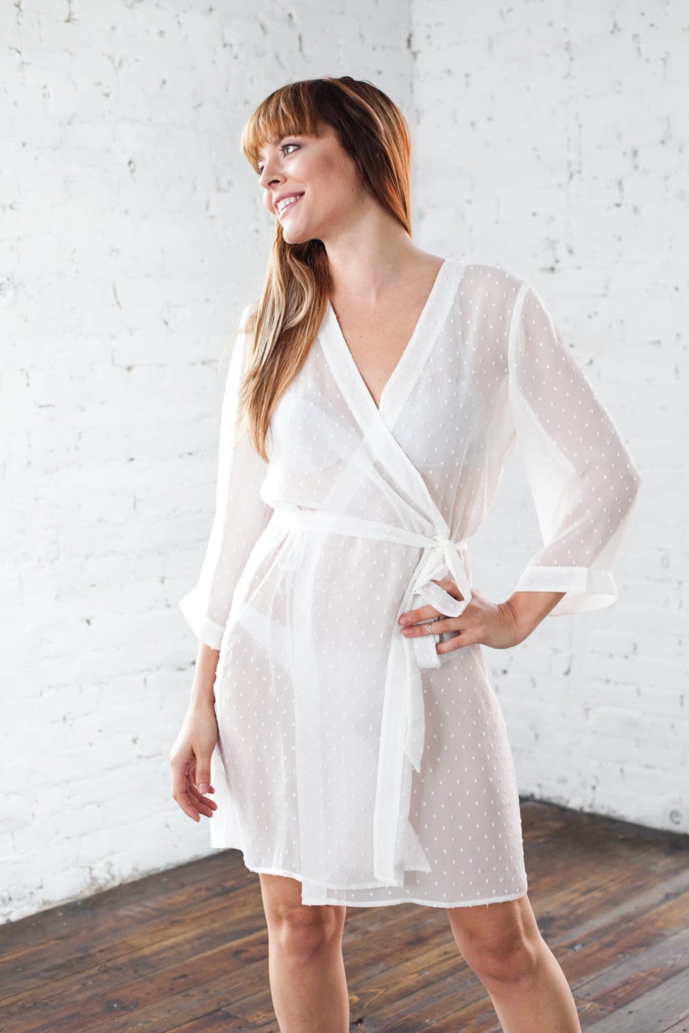 Ivory sheer kimono robe in short length, styled on model