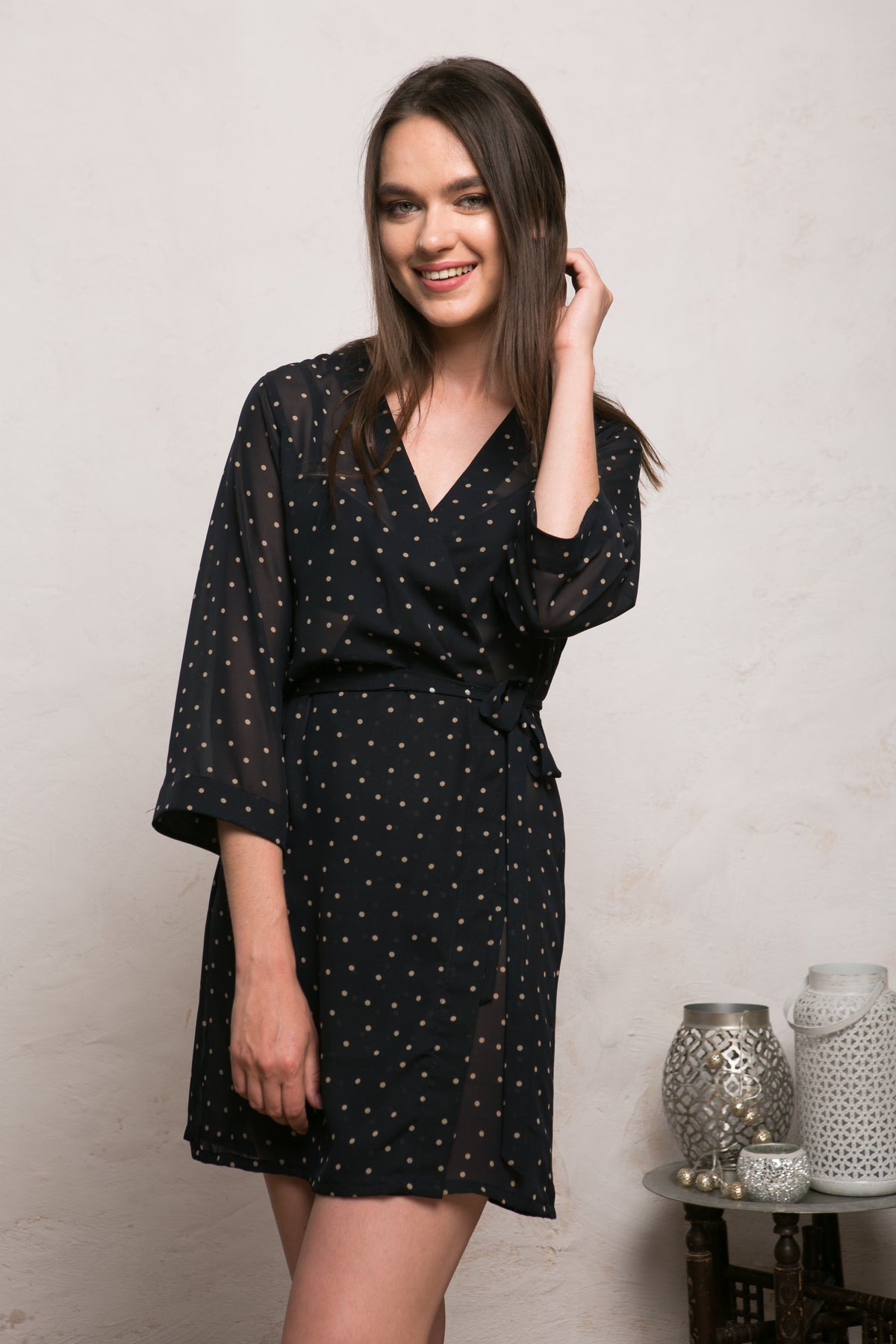 Black sheer kimono robe with beige polka dots, front view