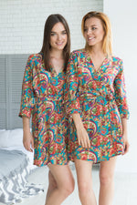 Short floral kimono robe, front view on model