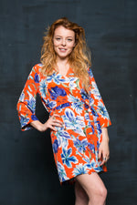 Short floral kimono robe styled with the bridal party