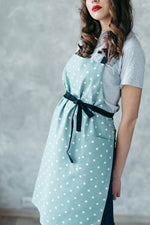 Duck egg polka dot toddler apron, front view