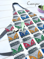 Camper van print cooking apron for boys, front view