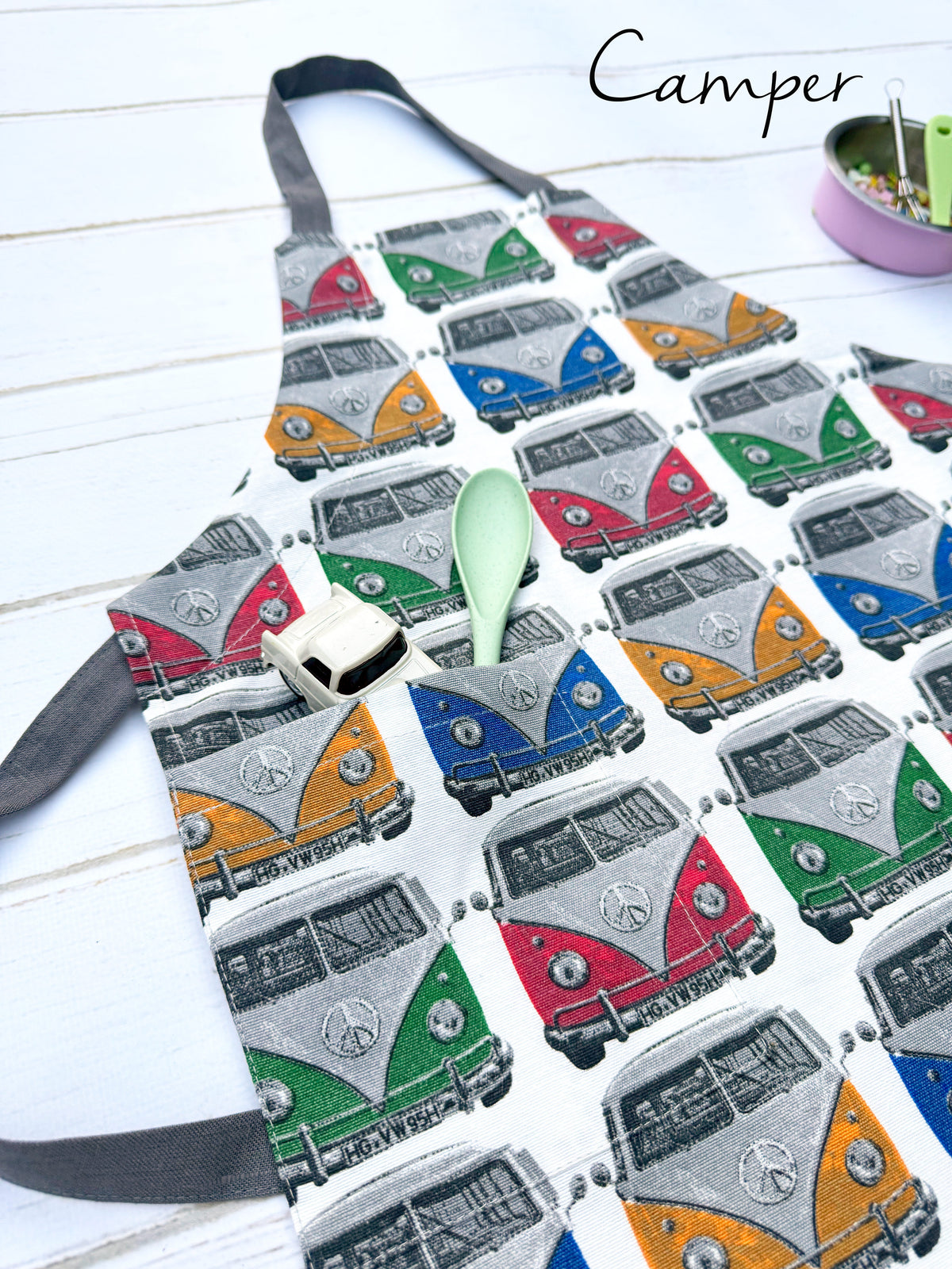 Camper van print cooking apron for boys, front view