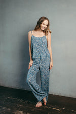 Blue viscose pyjama trousers, elasticated waist
