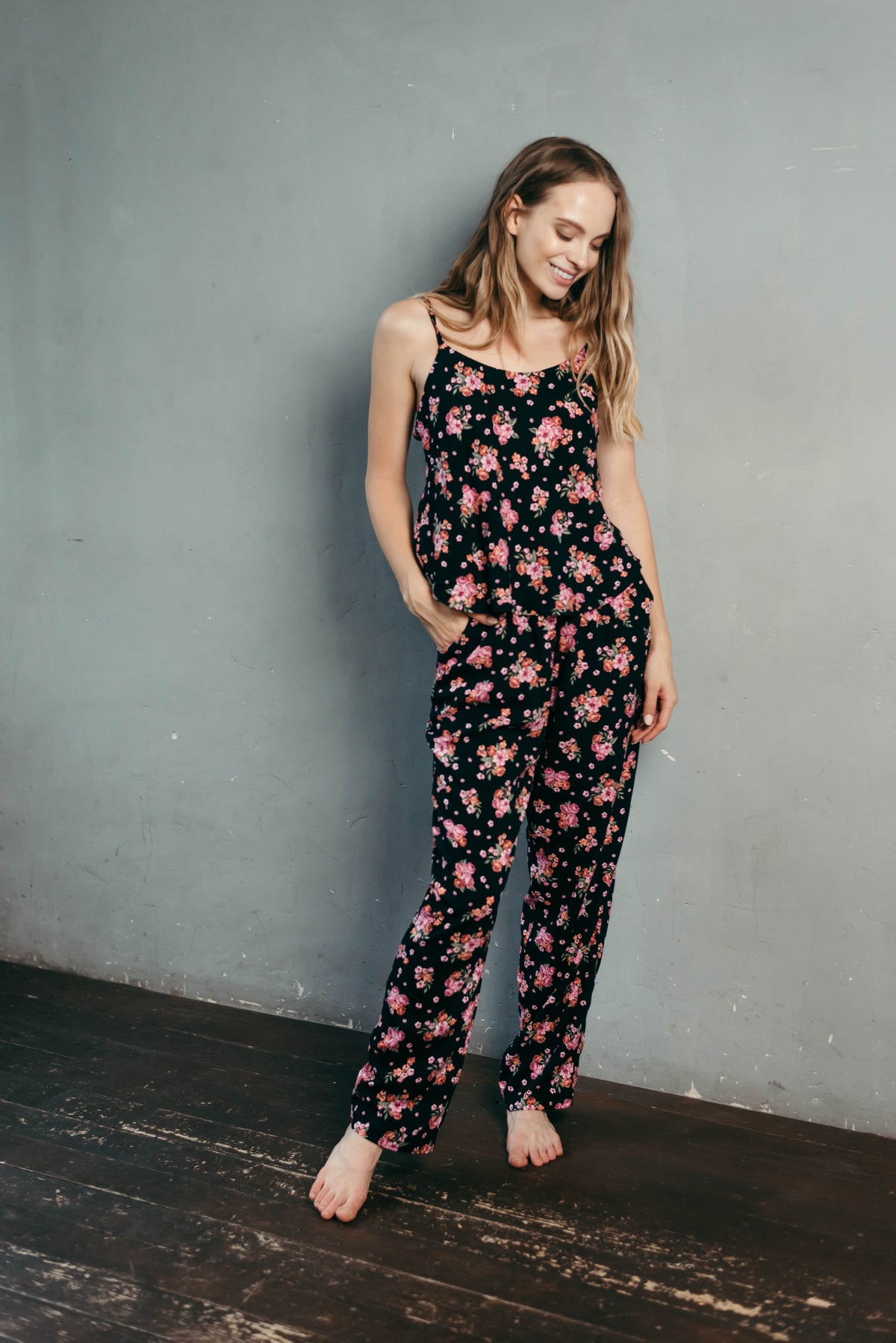 Floral viscose pyjama set, cami top and loose trousers