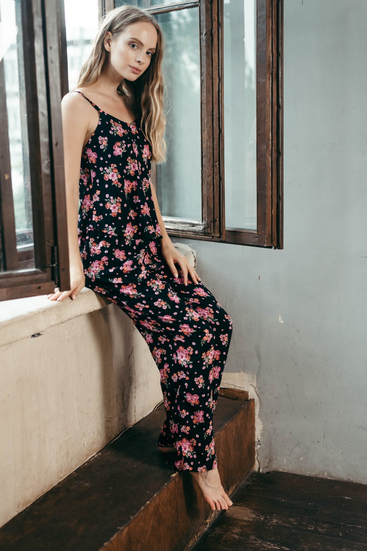 Silky floral pyjama set, full length view