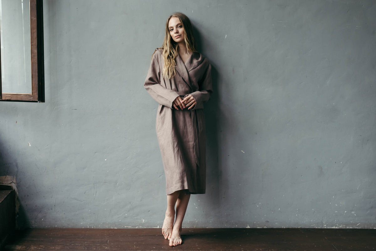 Women's hooded linen robe, side view