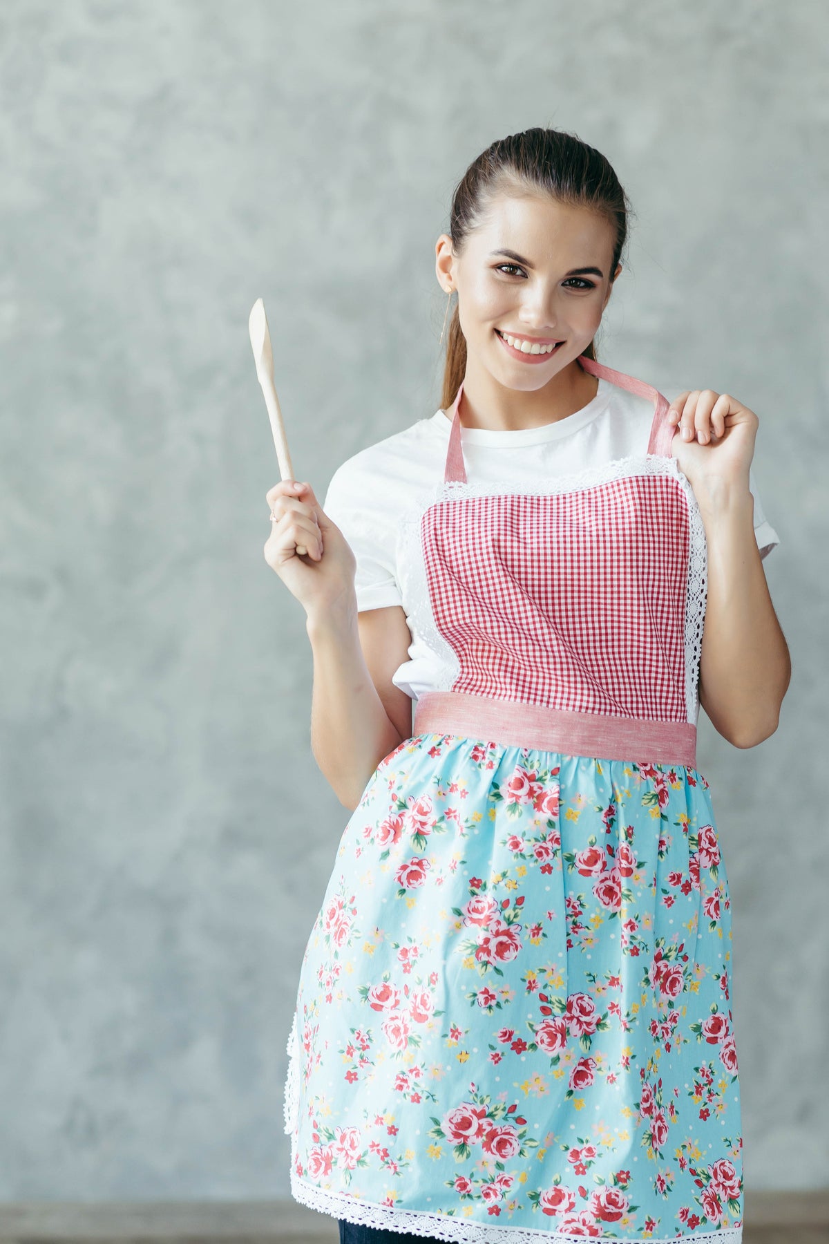 Womens lace apron with linen lace trim, styled