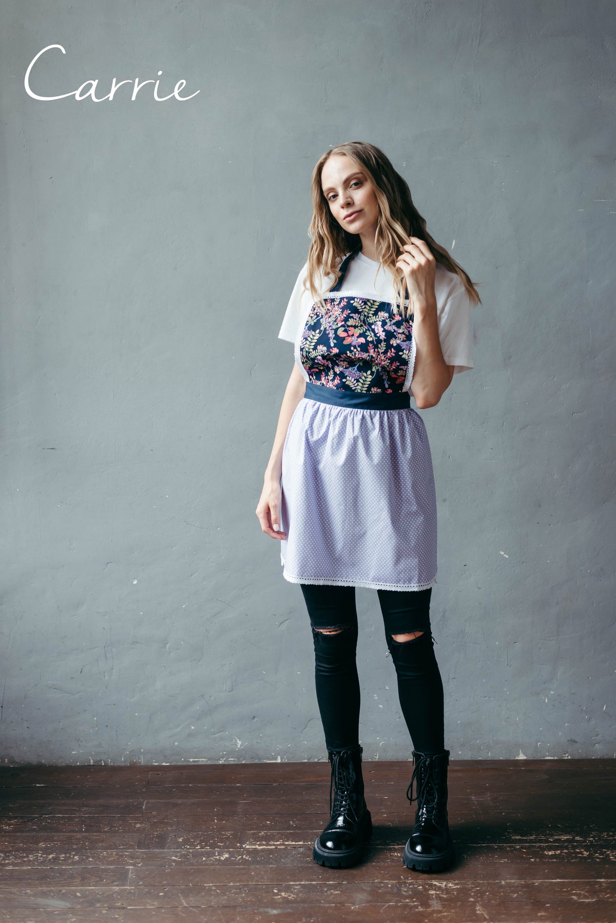 Carrie lilac polka dot lace apron for the kitchen