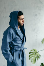 Hooded linen dressing gown, front view with hood down