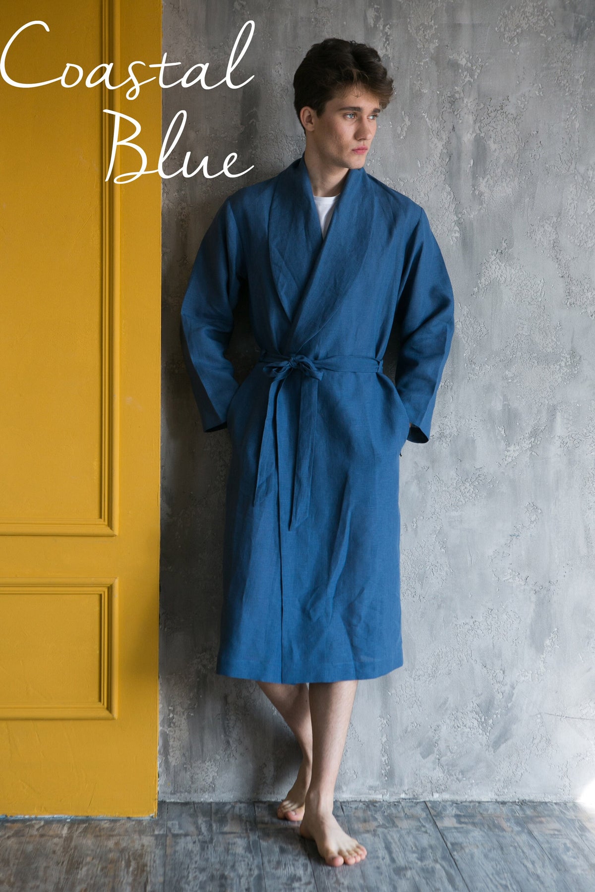 Mens linen robe grey, custom size option