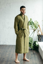 Mens linen robe in grey, bathrobe with pockets