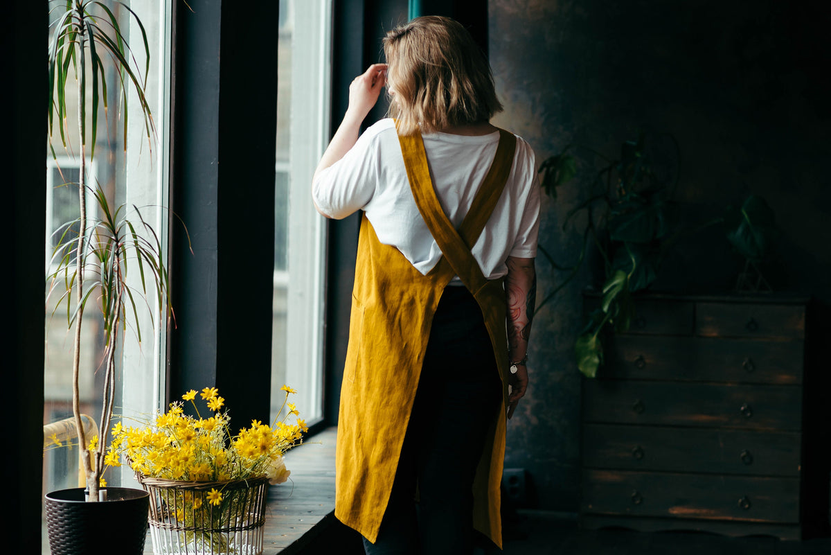 Plus size apron, natural linen pinafore