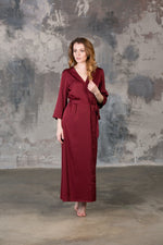 Long satin robe, burgundy bridal dressing gown