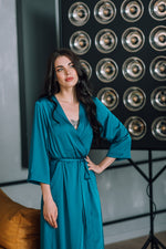 Long green satin robe, bridesmaid dressing gown