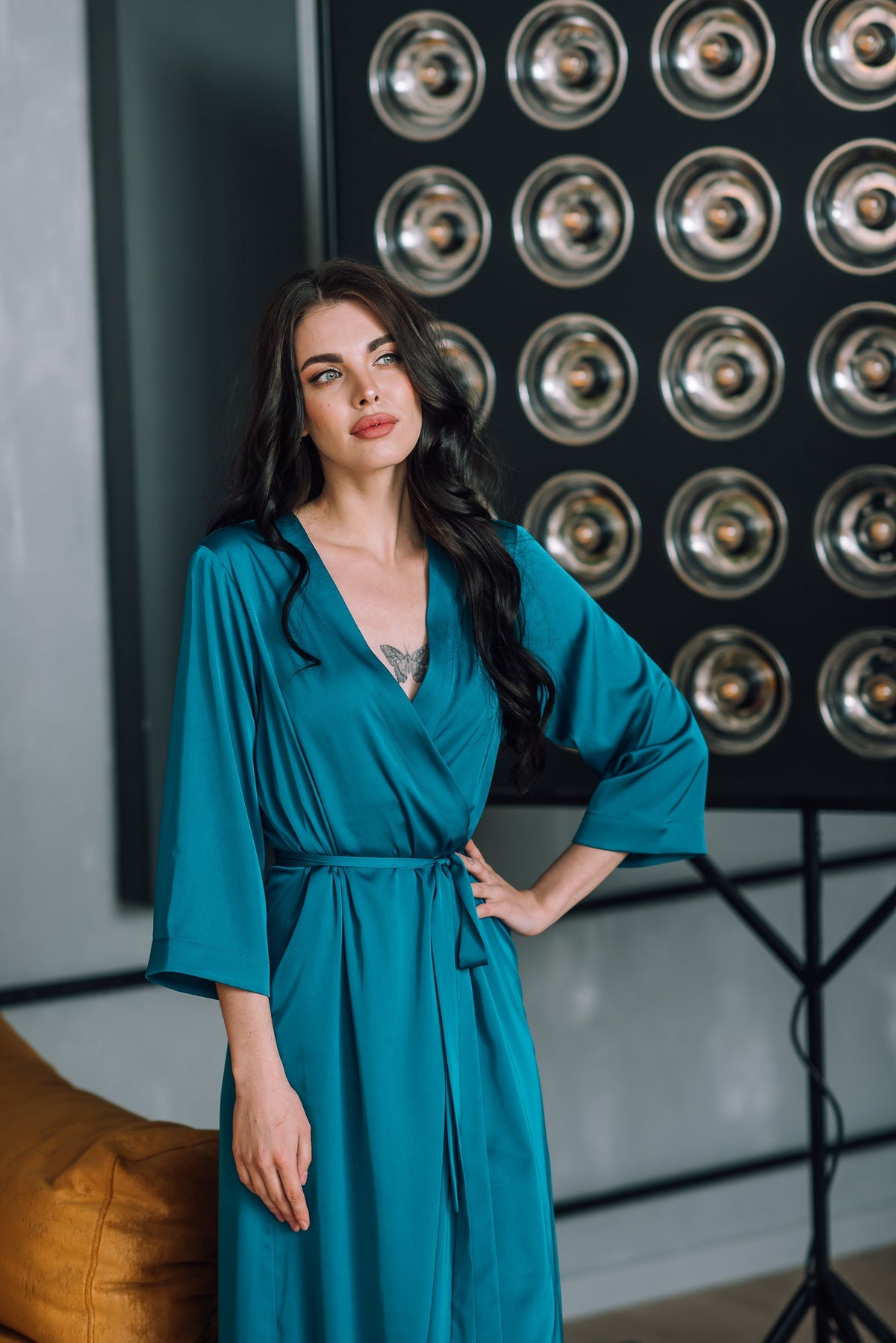 Long green satin robe, bridesmaid dressing gown