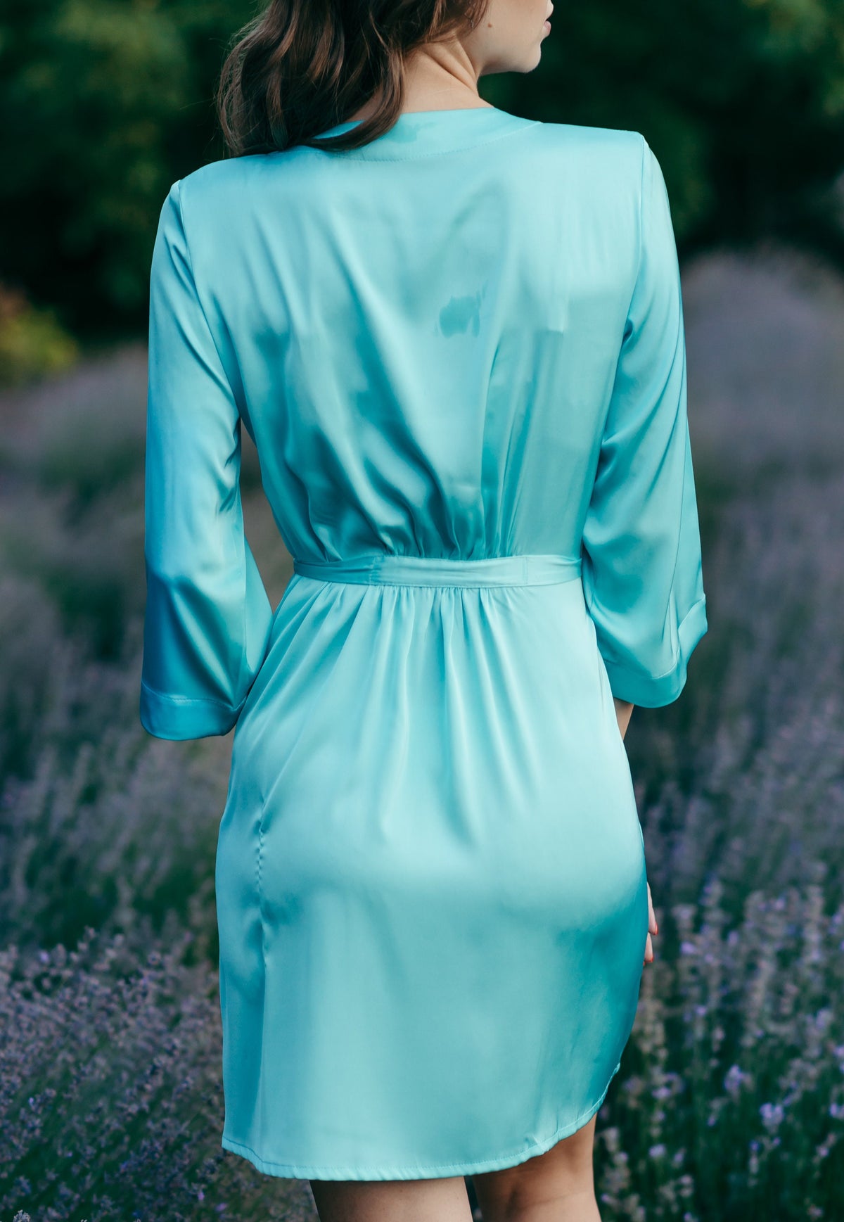 Green satin dressing gown, full length view