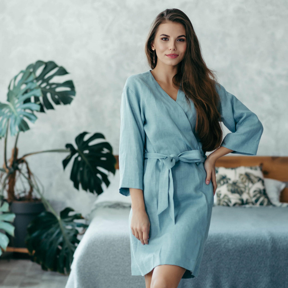 Natural linen robe, kimono style dressing gown
