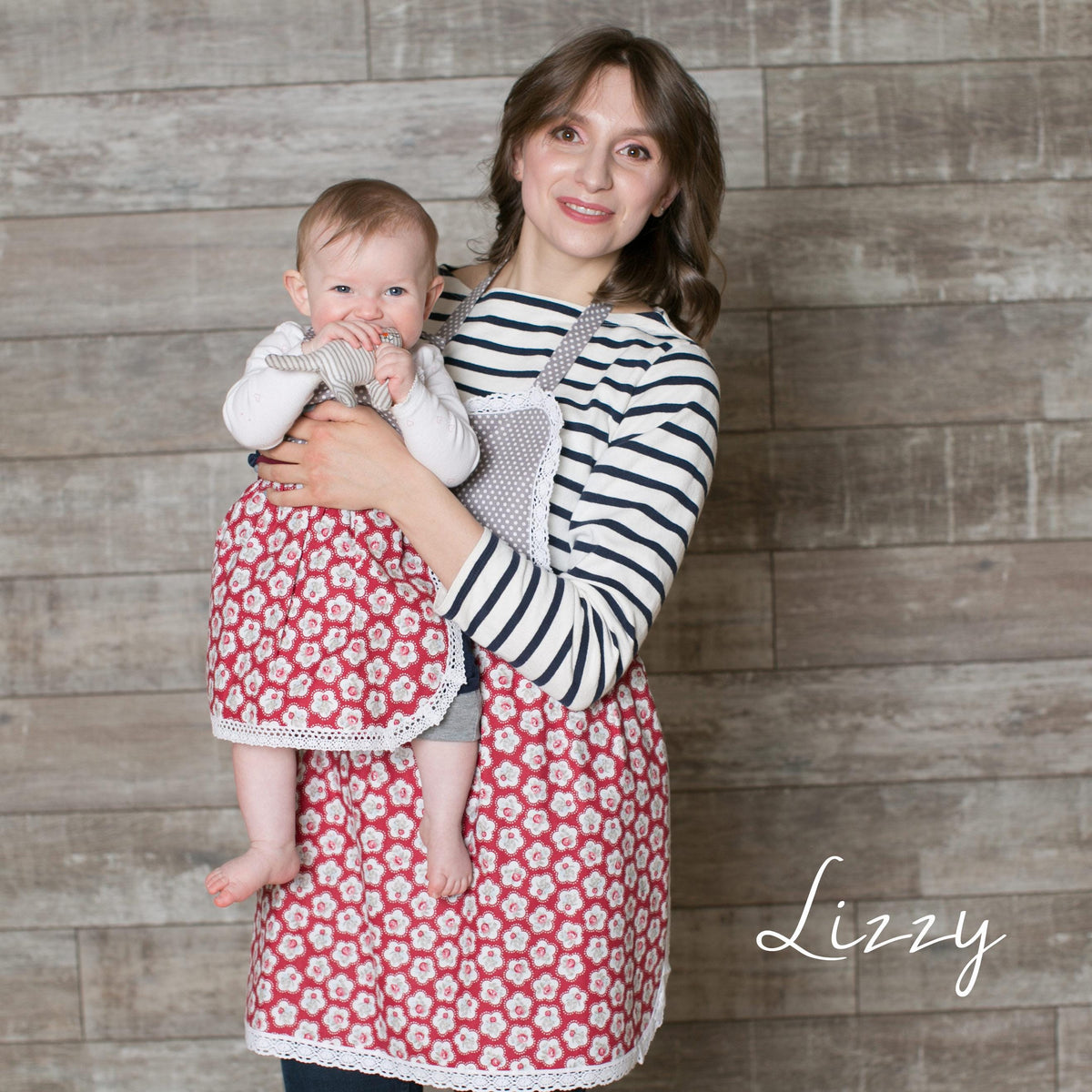 Apron styled on toddler, lace apron detail
