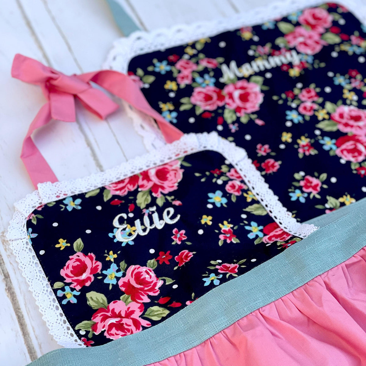 Toddler apron full view, lace edge detail