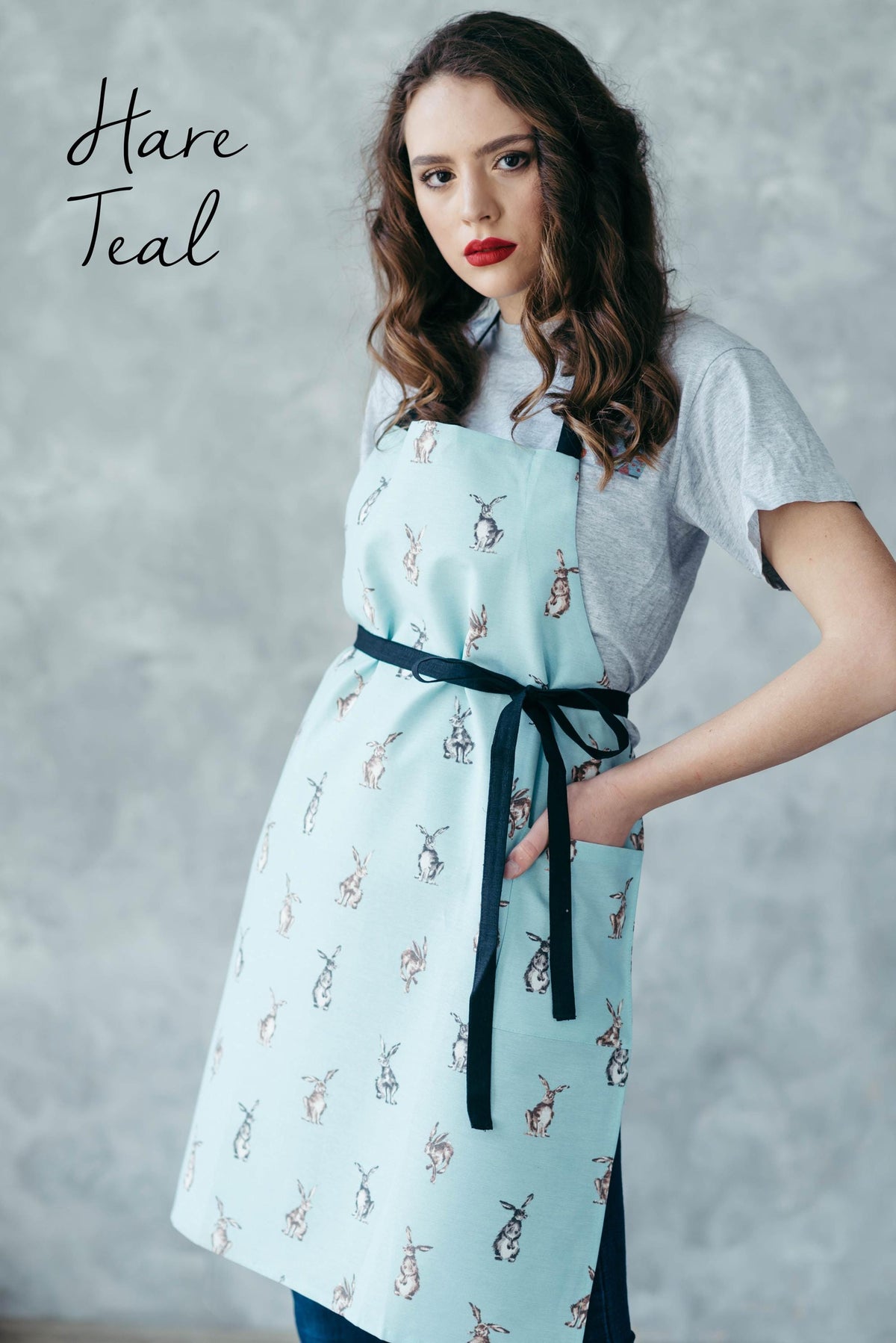 Bunny print apron, fabric and print close view