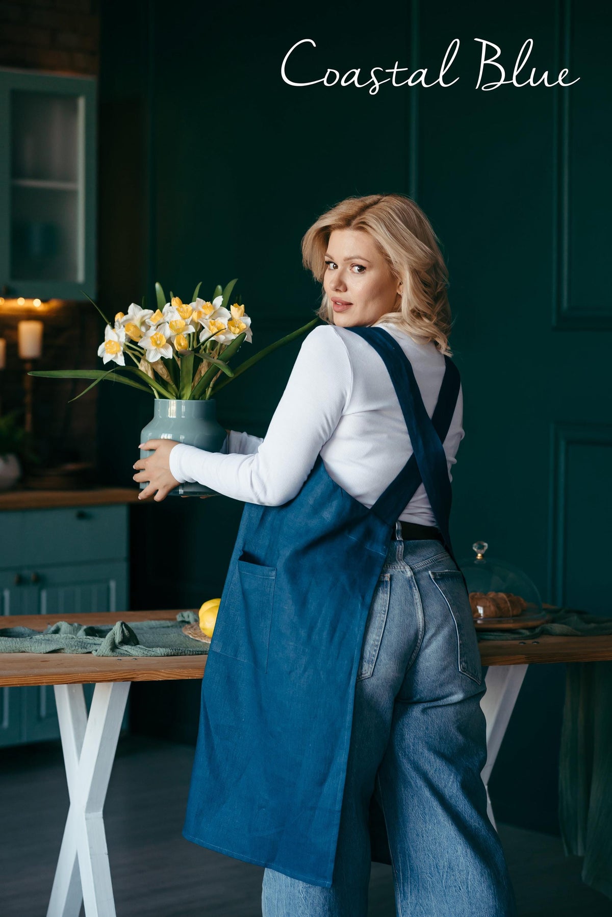 Linen apron styled, pink heather full length